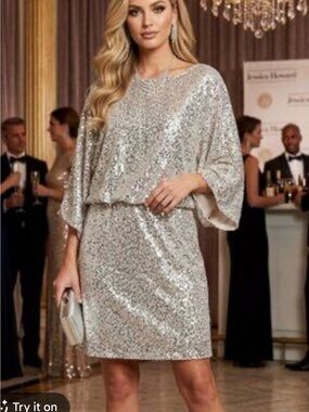 Jessica Howard Silver Sequin Blouson Mini Dress